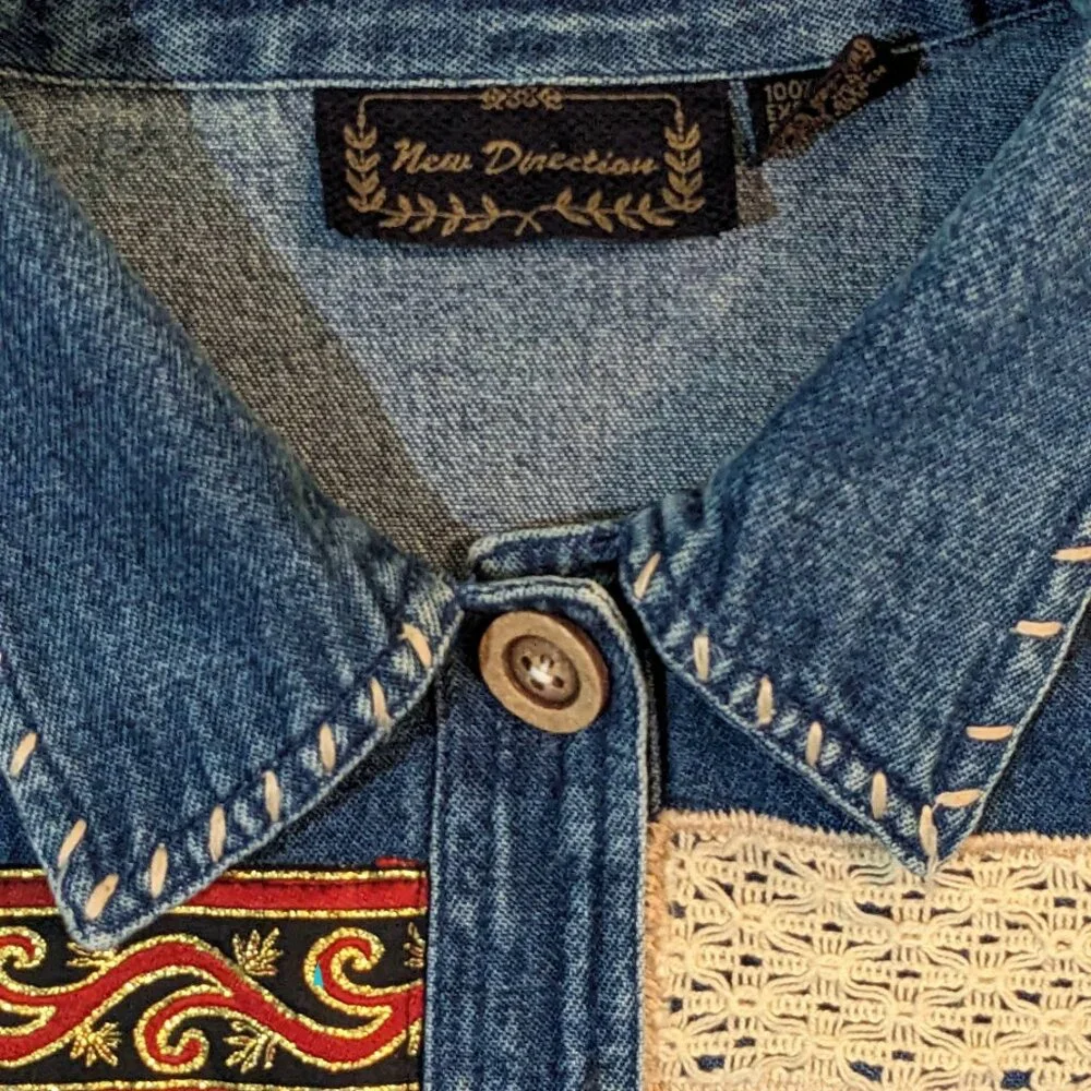 New Directions Vintage Textured Patchwork Denim Jacket Size L Preowned - Picture 5 of 6